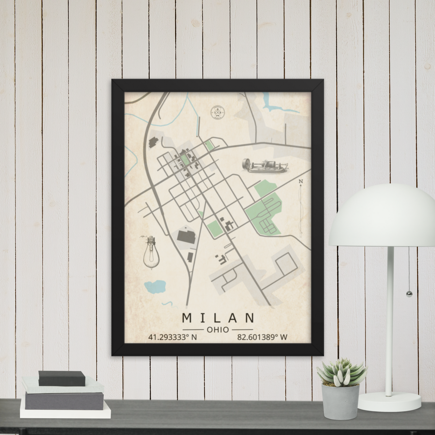 Milan, Ohio - Minimalist Map/Wall Art (Framed)