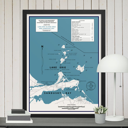 Sandusky Bay & Lake Erie Islands Vintage Map/Wall Art (Framed)