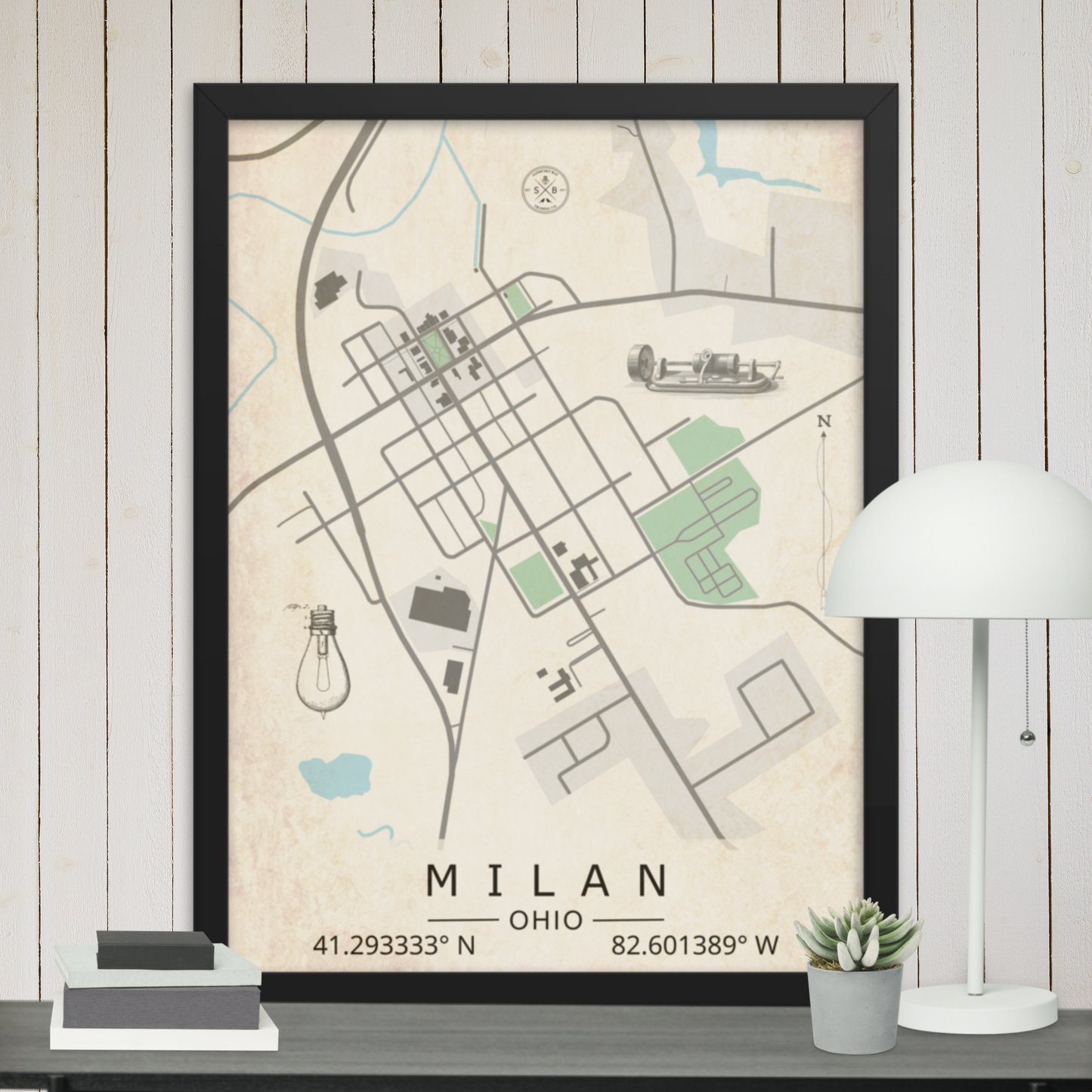 Milan, Ohio - Minimalist Map/Wall Art (Framed)