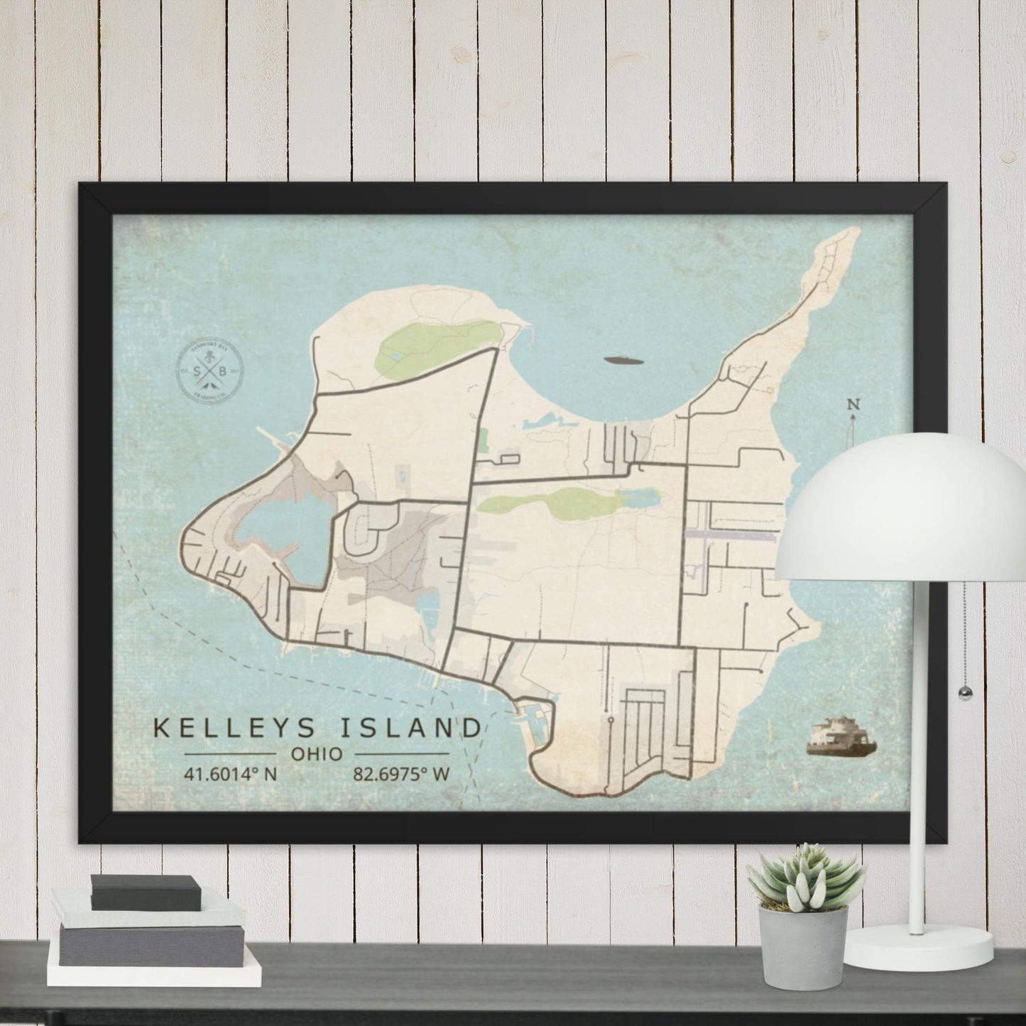 Kelleys Island, Ohio - Minimalist Map / Wall Art (Framed)