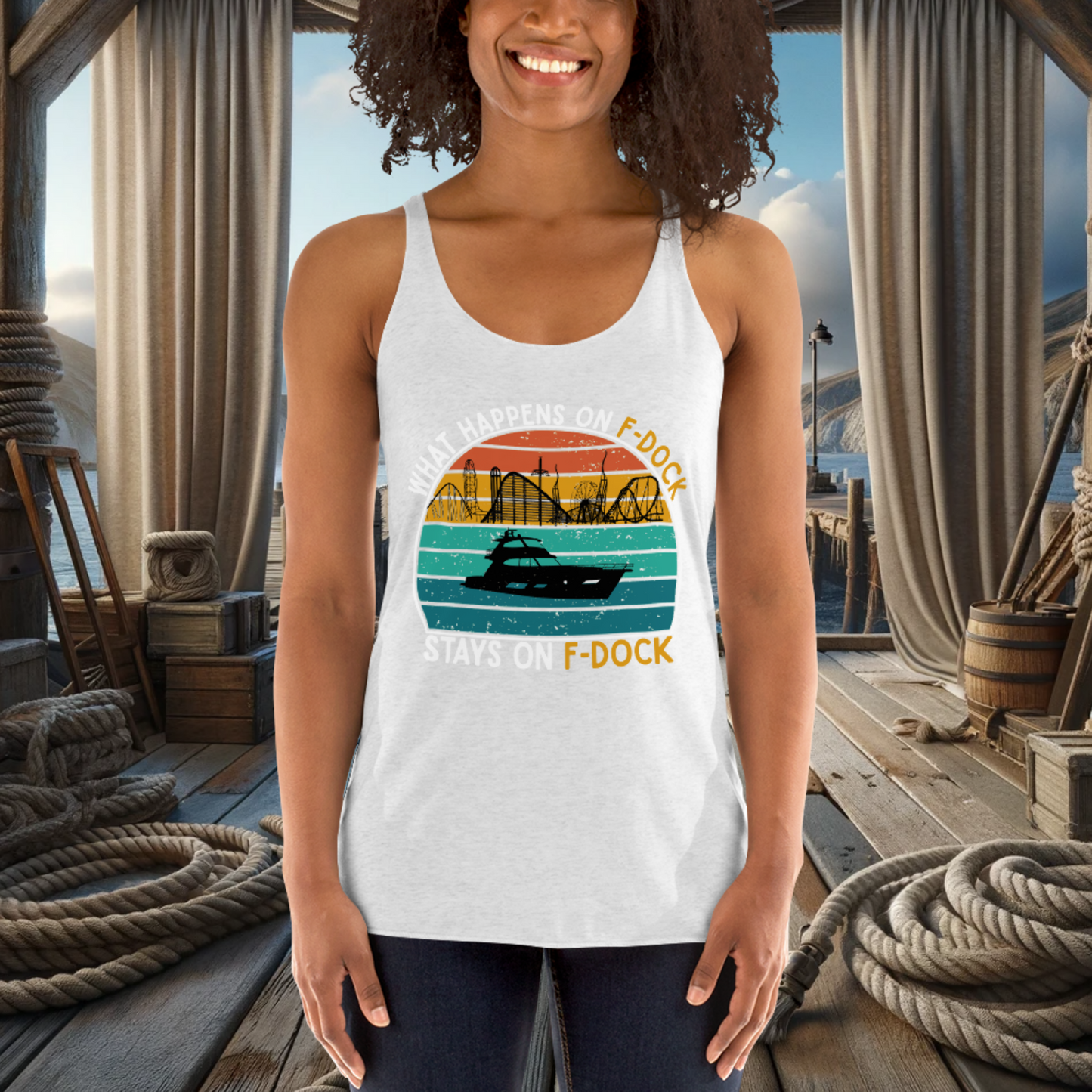 What Happens on F-Dock - Women's Racerback Tank