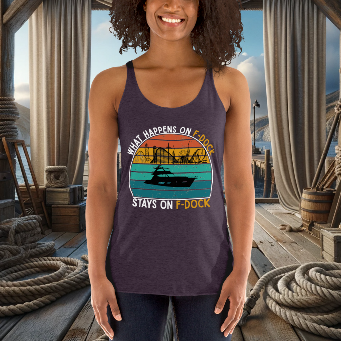 What Happens on F-Dock - Women's Racerback Tank